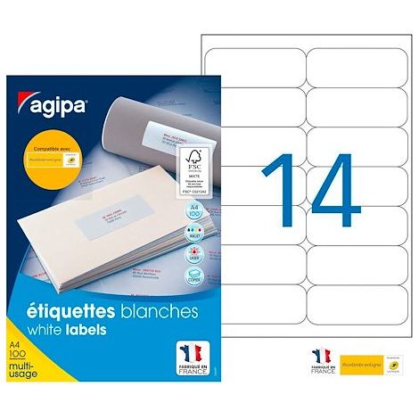 Etiquettes adresses 99,1 x 38,1 mm Agipa 118986 - Boîte de 1400 (1/2)