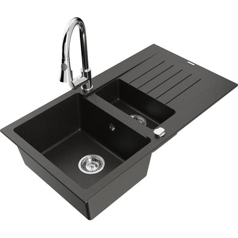 Mexen Matias 1,5-Becken-Granitspüle mit Abtropffläche und Mischbatterie Elia, Schwarz/Gold metallisch - 6502-75-670101-00