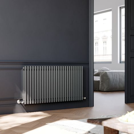 ELEGANT 600 x 1190 mm Traditional Radiator Cast Iron Style Horizontal Radiator Anthracite Triple Horizontal Column Radiators + Anthracite Thermostatic Radiator Valves (1/5)