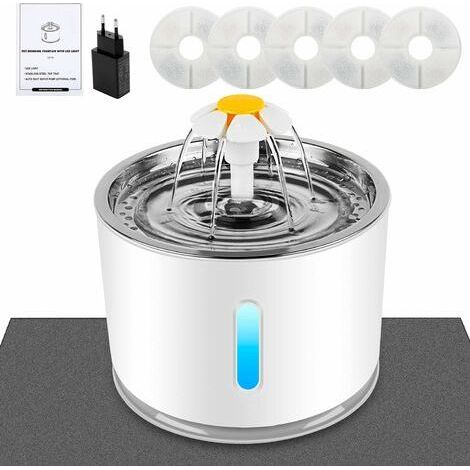 Fontaine à eau pour chat - Avec filtre à charbon actif - Fenêtre de niveau d'eau - LED lumineuse - Grande capacité de 2,4 l - 3 types de débit d'eau de fontaine automatique pour chat (1/5)