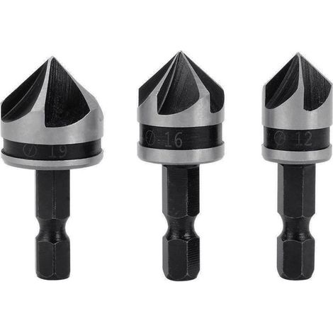 3pcs 1/4" Hex HCS Fraise à Chanfreiner 5 Flûte Foret Embouts pour phanfreiner Évier à Fraise Conique 12mm/16mm/19mm Pour Bois Métal (1/5)