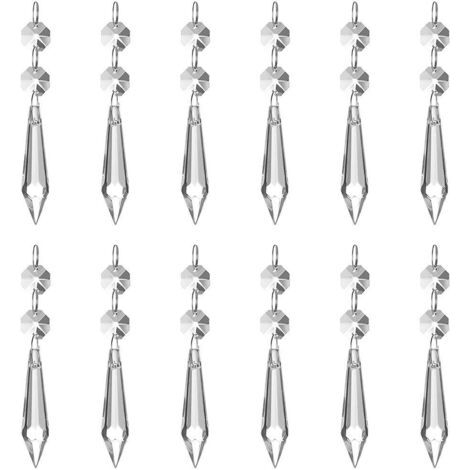 Lot de 12 pendentifs en cristal transparent effet prisme de glace (62 mm), avec 12 perles octogonales et anneaux, pour lampe, jardin, fête, Noël, mariage.
