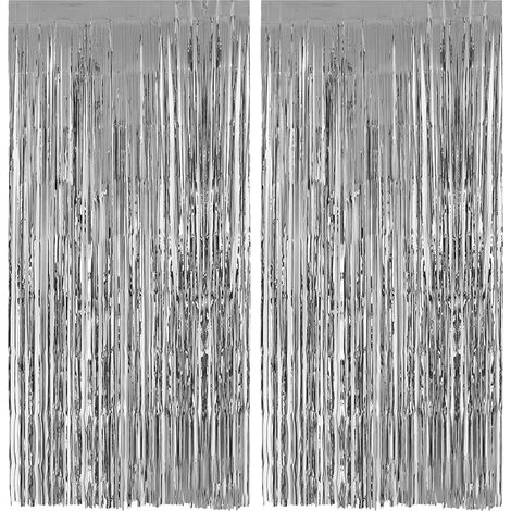Rideau métallique à franges en aluminium scintillantes argent, lot de 2 pièces, fond décoratif pour fête, mariage et anniversaire (1/5)