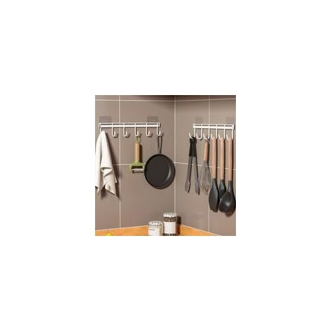 (Blanc) Étagère à ustensiles de cuisine 2 pièces, étagère à ustensiles de cuisine avec 6 crochets, organisateur de rangement sans perçage pour cuisine/salle de bain