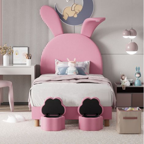 MEUBLIV Lit rembourré 90x200 avec deux bancs de rangement éclairage LED oreilles de lapin rabattables tête de lit réglable velours français rose (1/5)