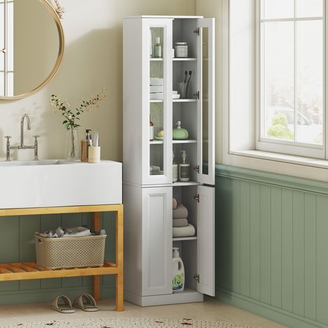 Meuble de Salle de Bain 6 niveaux, Meuble de Rangement avec 4 Portes à Fermeture Douce et Étagères Réglables, Blanc (1/5)
