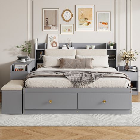 Multifunktionsbett 140x200 cm grau aus Massivholz mit gepolstertem Kopfteil und Stauraum (1/5)