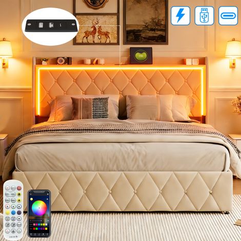 Lit tapissier 140x200 cm, lit rembourré avec éclairage LED et fonction de charge USB/USB C, lit double rembourré avec coffre de rangement et sommier à lattes, cadre de lit hydraulique, lit jeune, velo (1/5)