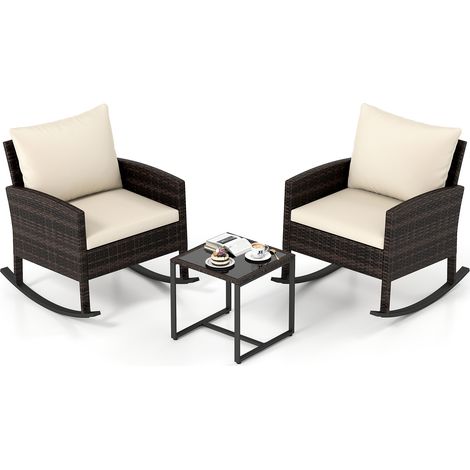 Salon de Jardin, Bistro de Jardin 3 Pièces, avec 2 Fauteuils à Bascule, Table Basse en Verre, Accoudoirs, Dossier et Coussins Déhoussables, Beige (1/5)