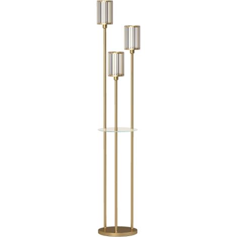 Lampadaire doré de 177 cm avec 3 abat-jour en verre, 2 étagères dont une tablette en verre et interrupteur au pied (1/5)