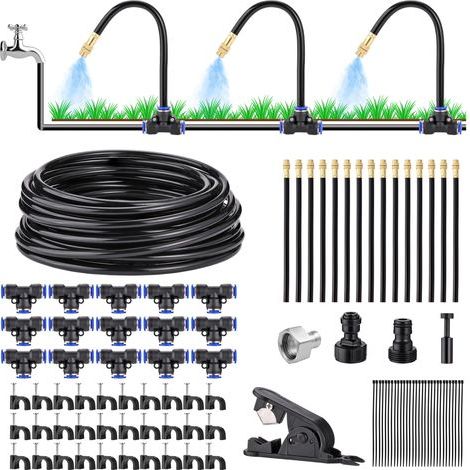 Kit d'irrigation goutte à goutte automatique de 15,2 m – Système d'arrosage de jardin à faire soi-même avec 15 buses de brume pliables en laiton réglables à 360°, adaptateur de robinet, tuyau (1/5)