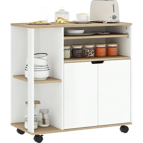 Carro de cocina rodante de madera y blanco con almacenaje, estantes regulables, 80 x 40 x 82 cm (1/5)