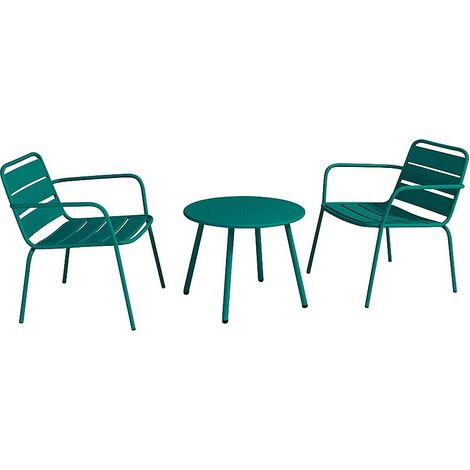 Salotto giardino Metallo 2 poltrone basse imp. e tavolo supplementare tondo Verde Petrolio - MIRMANDE di MYLIA
