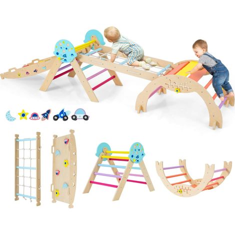 Lot de 1 cadre d'escalade pliable 281 x 66 x 53 cm 8 en 1 amusant et éducatif style Montessori en bois multicolore