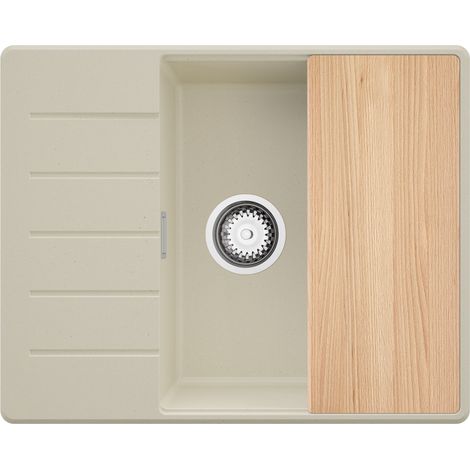 PRIMAGRAN Evier Cuisine en Granit 62x50cm,Lavabo 1 bac + Kit de Vidage + Planche à Découper, Évier à Encastrer au meuble 50cm - Copenhague, Beige (1/5)