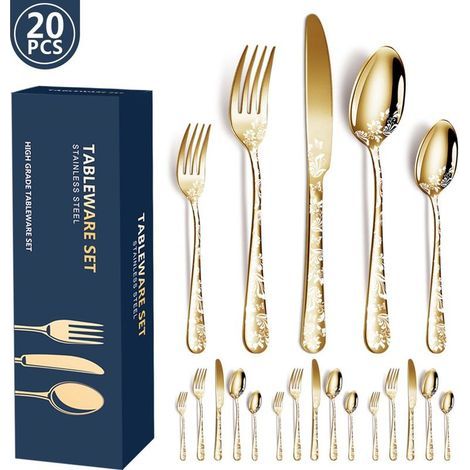 Ménagère 20 pièces en acier inoxydable. service de table. service de table pour 4 personnes. ménagère dorée. acier inoxydable (1/5)