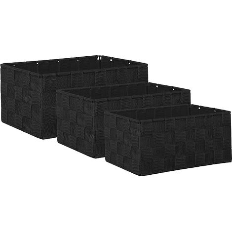 Lot de 3 Boîtes de Rangement – 22 x 15 x 11 cm, 21 x 13 x 9,5 cm, 19 x 11 x 8,5 cm – Paniers d’étagère carrés sans couvercle – aspect rotin tressé avec cadre en métal – Noir (1/5)