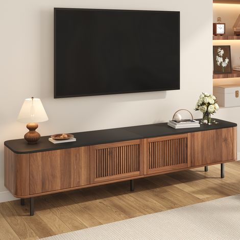 Mueble TV 190x35x45 cm cuenta con múltiples estantes independientes, diseño único de puerta de malla y color madera nogal (1/5)