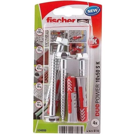 Fischer – Chevilles bimatières DuoPower 10x50 – Pour béton, brique pleine et plaques de plâtre – Charge maximale élevée – Lot de 4 pièces