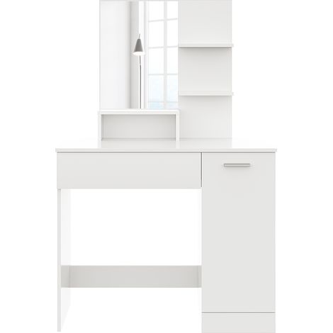 ELEGANT Bedroom Furniture White Dressing Table with Mirror, Storage Compartment, 1 Drawer, 2 Shelves Vanity Set with Stool (1/5)