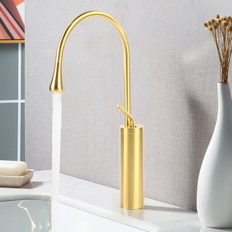 Robinet de salle de bain, mitigeur de lavabo plaqué or avec bec pivotant à 360° Mitigeur moderne en laiton (1/5)