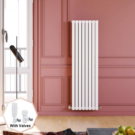 ELEGANT 1600 x 480 mm White Designer Vertical Column Radiator High Heat Output Double Oval Panel Heater Radiators + White Thermostatic Radiator Valves (1/5)