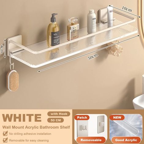 Étagère de salle de bain (50 cm, blanche) en acrylique, pour angle de douche, avec crochets porte-serviettes, fixation murale sans perçage, grise, en acrylique et aluminium spatial. (1/5)