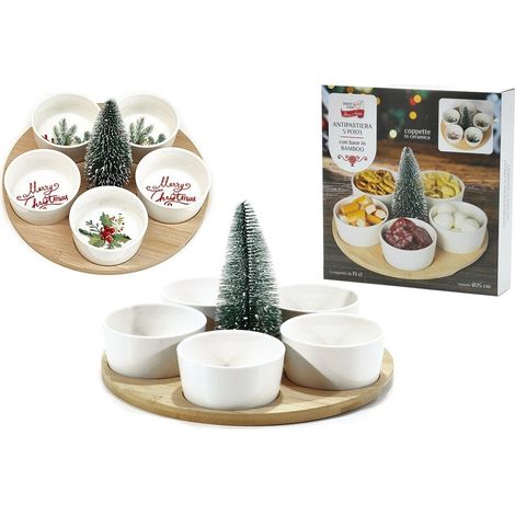 TRADE SHOP - Set Antipastiera 5 Posti Per Antipasti Di Natale Con Base In Bamboo Coppette In Ceramica - (1/2)