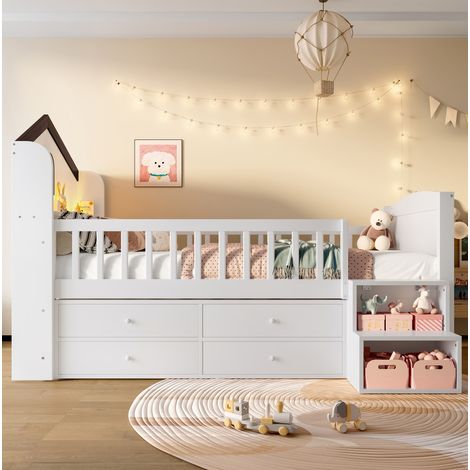 Lit mi-haut  90 x 200 cm maison blanc en pin avec LED, rangements et sécurité (1/5)
