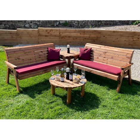 Six Seater Balmoral Corner Garden Furniture Set with Round Coffee - L240 x W284 x H98 cm - Burgundy Cushion Included - Fully Assembled