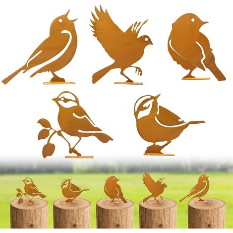 5 Oiseaux décoratifs, Fer rouillé, Finition vintage, Vis incluses, Pour jardin, patio, balcon, haie Label (1/5)