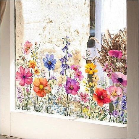Décorations de fenêtre colorées pour jardin de fleurs, graminées sauvages, lys, pivoines, coquelicots, autocollants floraux pour fenêtre (1/5)