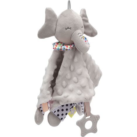 Couverture douillette bébé grise en peluche, jouet d'éveil sensoriel et doudou réconfortant pour nouveau-né (1/5)