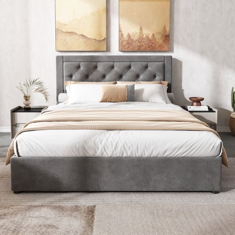 LINHOO Lit Double 140x200 cm en Velours Gris avec Coffre et Tête Capitonnée (1/5)