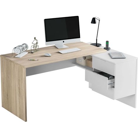 Pack Muebles Despacho Completo Moderno 2 Mesas Escritorio Con Buck 5 Armarios Color Blanco Y Roble
