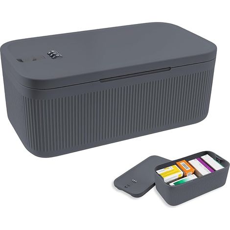 Abschließbare Box mit Zahlenschloss. Kleine, sichere Aufbewahrungsbox für Medikamente, Handy und Snacks. Ideal für Büro und Reisen (Grau-Blau). (1/5)
