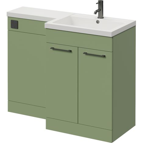 Napoli 460 Olive Green 1100mm 2 Door Vanity Unit Toilet Suite with Right Hand Square Lucia Basin - 1100mm - Gunmetal Grey 160mm HandleWithout Kingston Toilet Pan