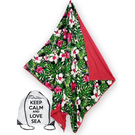 Serviette de plage double KIKOY en coton et éponge avec sac à dos KEEP – Motif Printemps Fuchsia