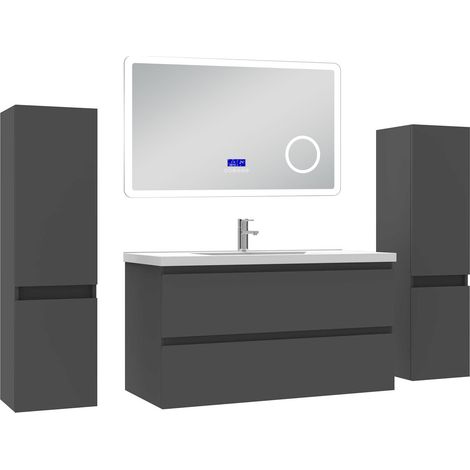 Acezanble ensemble meuble 100 cm anthracite avec 2 tiroirs à fermeture automatique, lavabo céramique + miroir salle de bain Bluetooth tricolore + 2 colonnes, suspendu (1/5)
