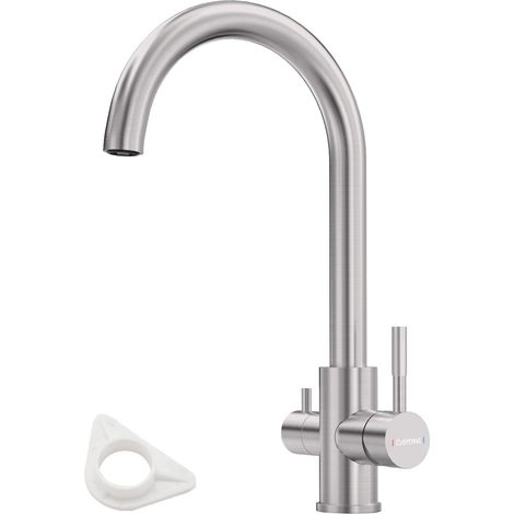 DAYONE 3 Way Kitchen Tap, 3 IN 1 Drinking Water Tap, SUS304 Stainless Steel Kitchen Faucet, 360° Swivel Kitchen Sink Tap, Dual Handle Kitchen Mixer Tap 1 Hole, Brushed