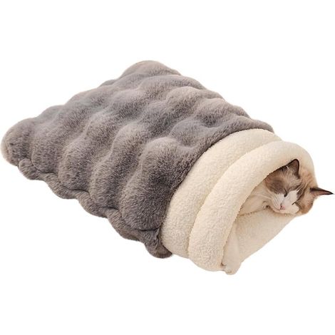 Sac de couchage pour chat 4 en 1 : couverture douillette, tapis et couverture. Confortable, doux, chaud et lavable (petits chats). Gris grotte, S 37x44cm