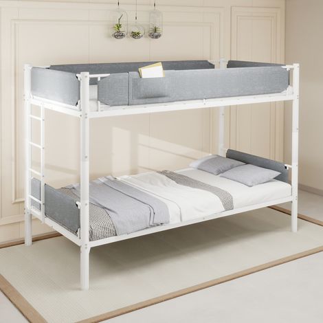 Transformation facile en 2 lits : lit superposé métal 90x190 blanc gain de place avec barrière en tissu amovible (1/5)