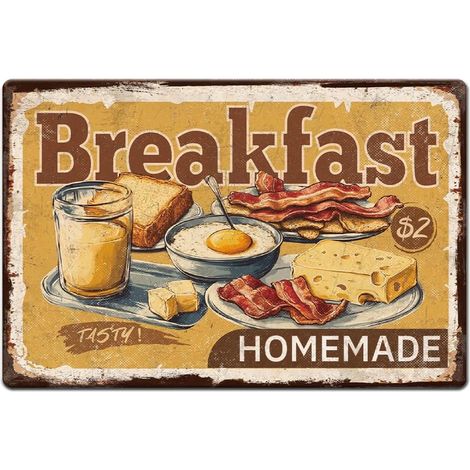 1 plaque en métal vintage de 30 x 20 cm - Plaque rétro pour petit-déjeuner - Œuf au plat, fromage, bacon, olive - Avec 4 trous pré-percés pour cuisine, restaurant, café, pub, décoration (1/5)