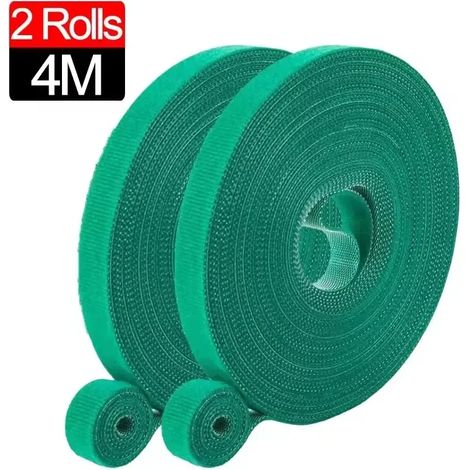 (2 rouleaux (4 m) de serre-câbles auto-adhésifs en nylon pour plantes, verts, réglables, à scratch, réutilisables) (1/4)