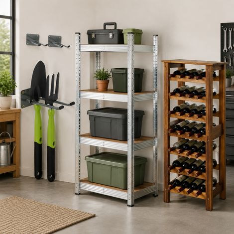Garage Storage Organiser Set (3-Piece) – Acacia Wine Rack, Galvanised Steel Shelving & Wall Hooks (1/5)