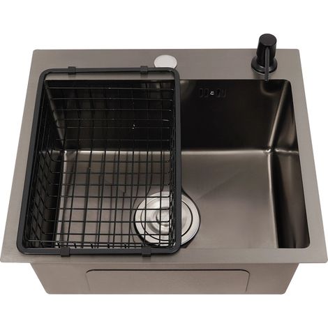 HAUTOUR Évier de cuisine en acier inoxydable noir 45 x 40 cm Évier de cuisine 1 bac Évier encastrable moderne d’angle avec panier de drainage, robinet, distributeur de savon (sans robinet) (1/5)