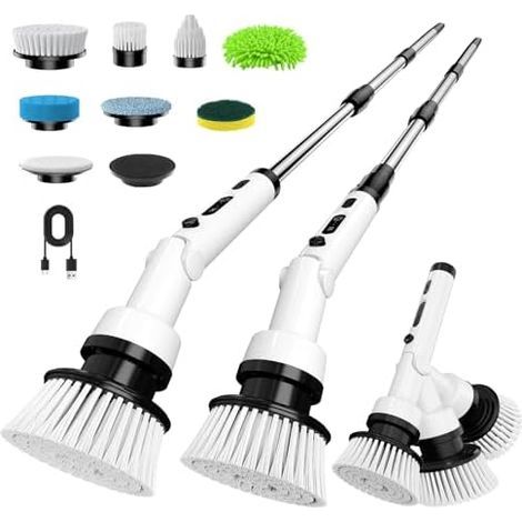 Brosse Nettoyage Electrique Rotative -Brosse de avec 8 Têtes, 3 Vitesses Manche Extensible Rechargeable pour Salle Bain, Cuisine et Voiture Blanc - (1/5)