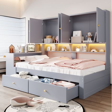 Multifunktionsbett 90x200 cm, mit Schreibtisch, Stauraum, LED Beleuchtung, MDF, Grau (1/5)