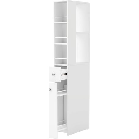 Haute armoire de salle de bain slim 135 cm avec 2 tiroirs, 2 étagères latérales, 3 compartiments, 18x40x135 cm, blanc (1/4)