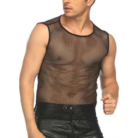 Ärmelloses Herren-Tanktop aus Mesh – Schmale Passform – Schwarz – Größen M bis 3XL